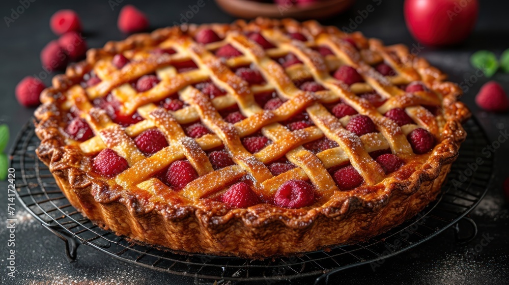 Aufkleber a close up of a pie on a rack with raspberries and a bowl of strawberries on the side of the pie and