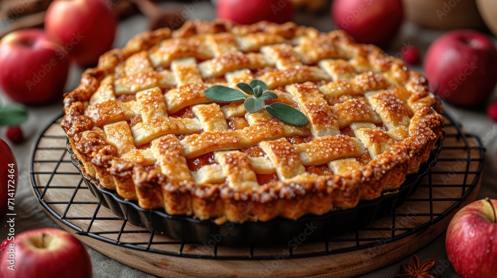 Aufkleber a pie with a leaf on top of it sitting on a cooling rack next to some apples and cinnamon sticks and