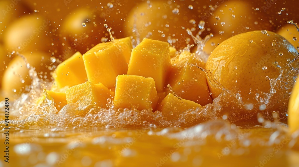 Poster a close up of a bunch of oranges with water splashing on the top and bottom of the sliced oranges on
