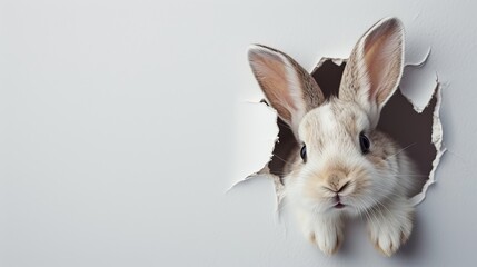 Cute Rabbit Peeking Out of Hole in Wall