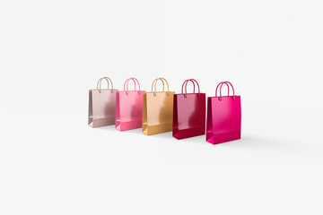 5 sacs de course en papier, recyclables et réutilisables, en couleur, sur fond blanc, Black Friday, Soldes, commerce  - Mockup