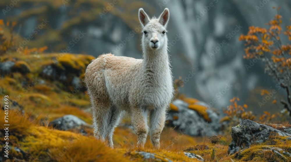 Poster a close up of a llama on a hill with grass and bushes in the foreground and a waterfall in the back 