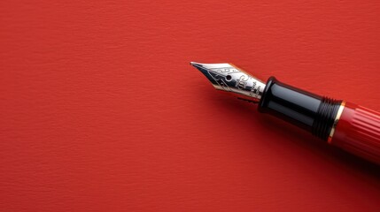  a fountain pen sitting atop a red surface The pen has a sleek, black body with a silver nib and a gold-colored cap The red surface provides a stark contrast to th