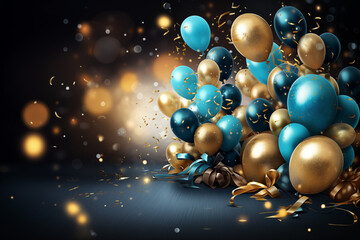 ballons baudruche bleu clair, bleu foncé et or métalisés, avec des confettis  devant un fond avec bokeh foncé, pour célébrations, anniversaires, fêtes, nouvel an,  Espace négatif texte