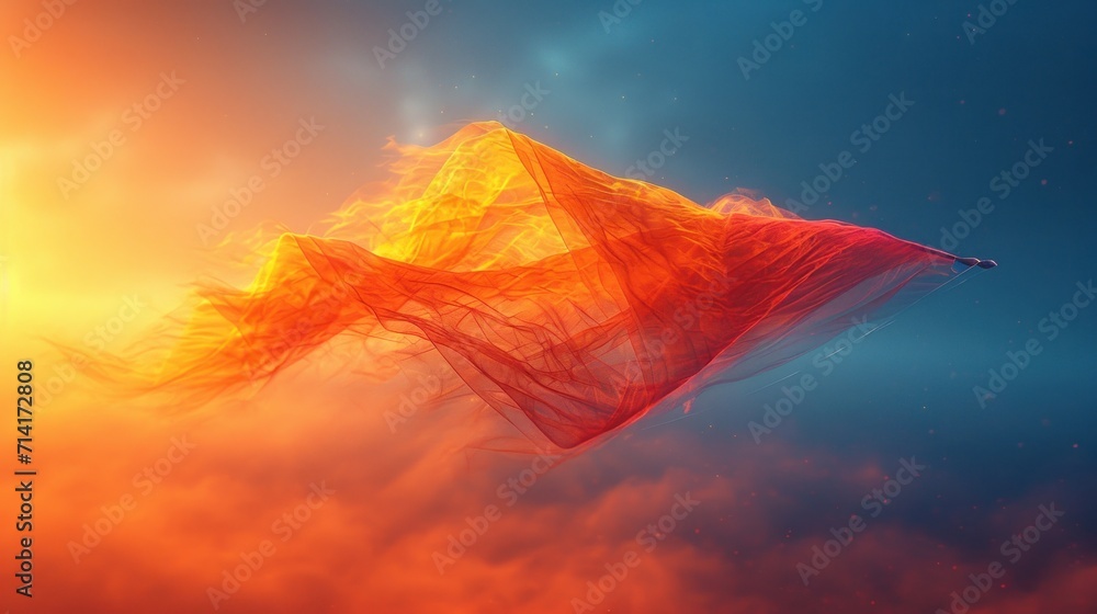 Poster a red flag flying in the sky with the sun in the background, creating a beautiful contrast between t
