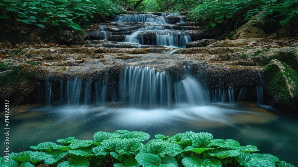 Poster a small waterfall in the middle of a forest with lots of green leaves on the rocks and water running
