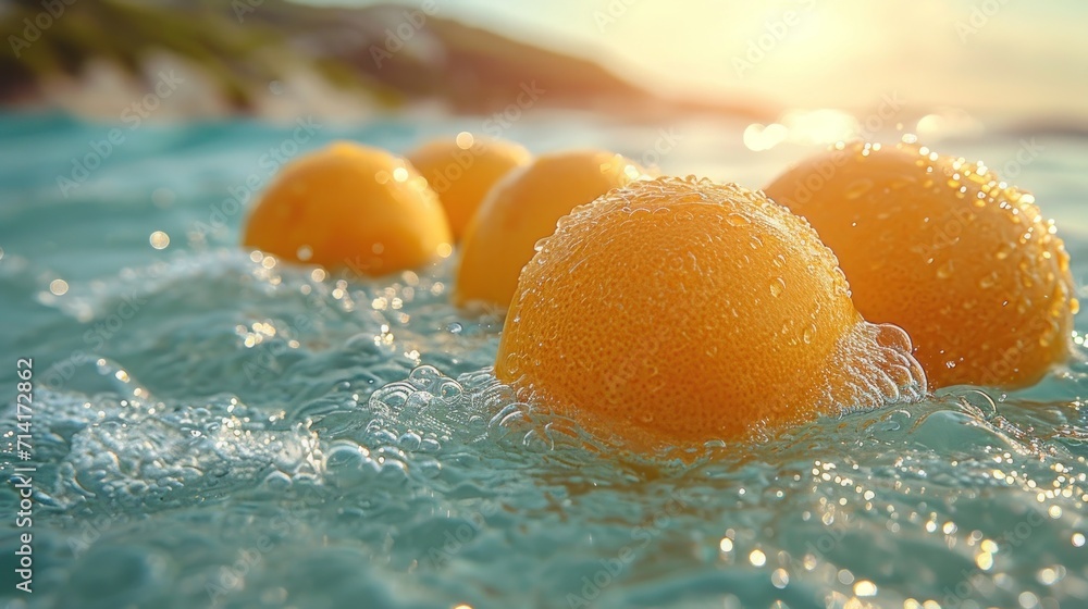 Aufkleber a group of oranges floating on top of a body of water with drops of water on the top and bottom of t
