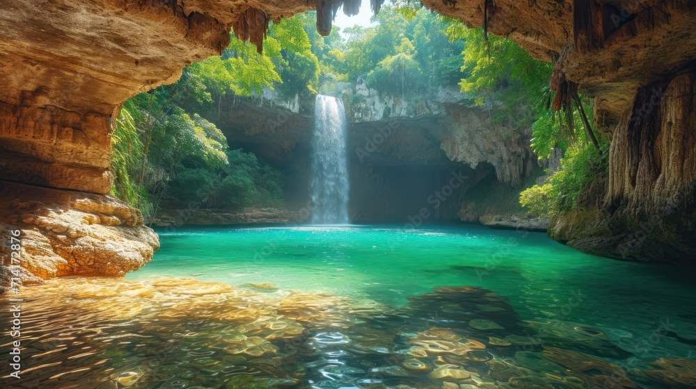 Poster a cave with a waterfall in the middle of it and a pool of water in the middle of the cave with a wat