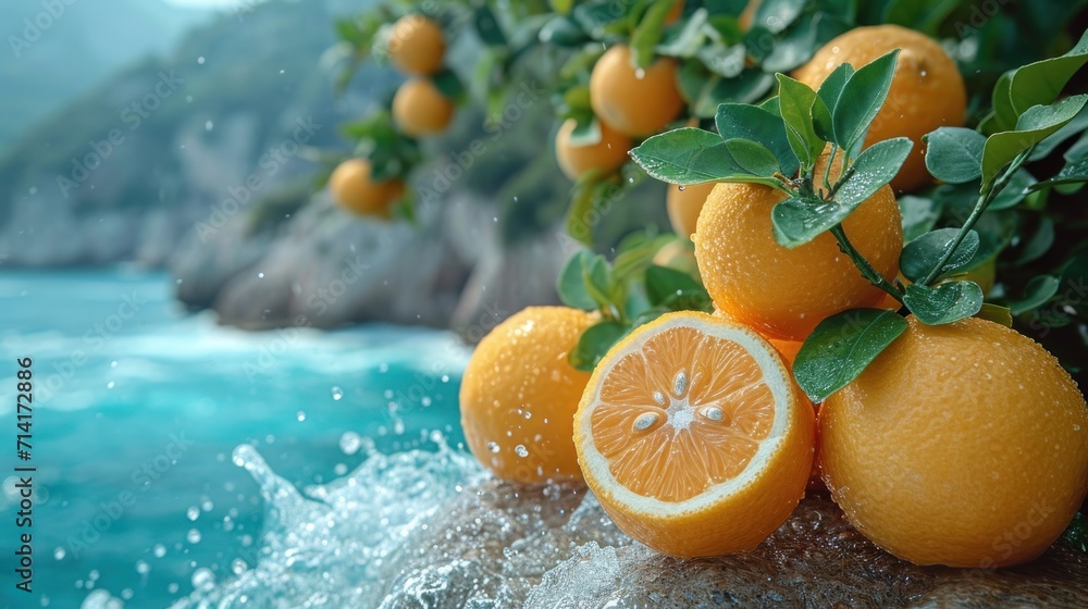 Poster a group of oranges sitting on top of a tree next to a body of water with a cliff in the background a