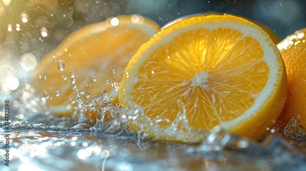 Poster a group of lemons with water splashing on the top of them and on the bottom half of the lemons on th