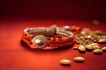 Indian festival with beautiful Rakhi and Rice Grains
