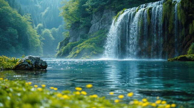 a body of water with a waterfall in the middle of it and yellow flowers on the side of the water and a rock in the middle of the body of the water.