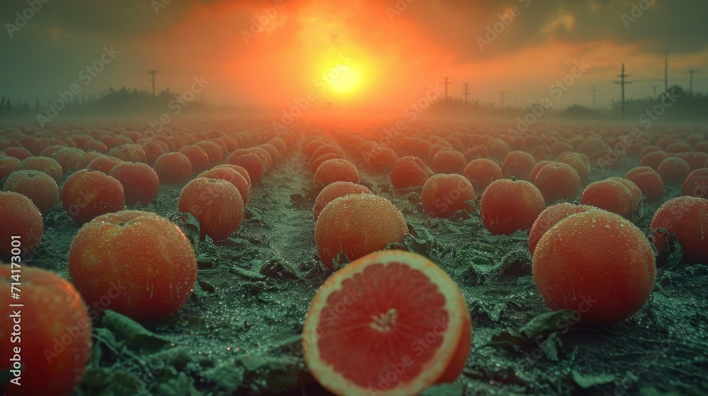 Poster a large field full of grapefruits with the sun setting in the background and a lone grapefruit sitti