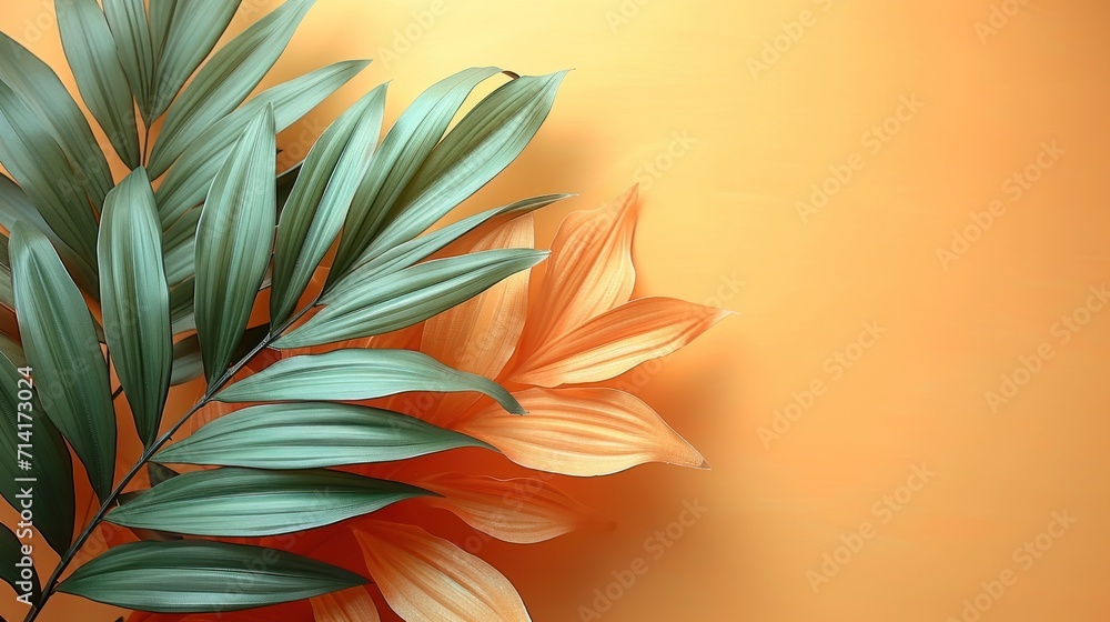 Aufkleber a close up of a plant with green leaves on an orange background with a place for the text on the lef