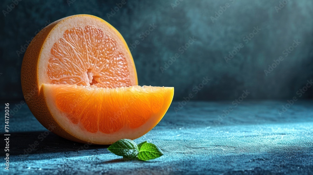 Poster a half of a grapefruit sitting on top of a table next to a slice of grapefruit with a leaf on top of
