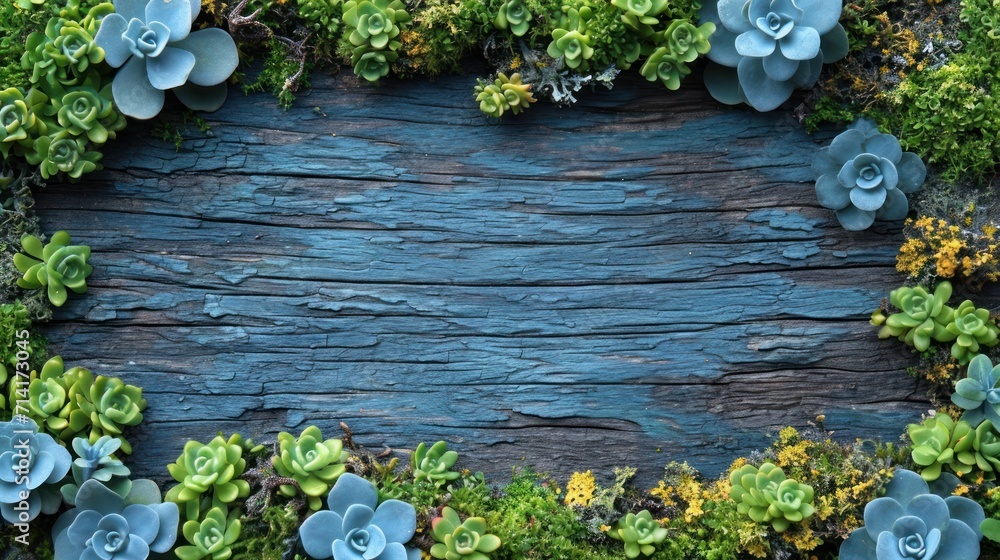 Poster a close up of a bunch of plants on a wooden surface with a place for a text or an image to put in th