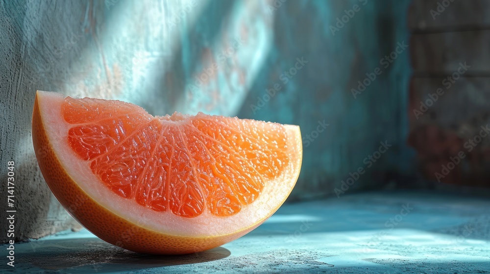 Poster a close up of a grapefruit cut in half on a blue and gray background with a shadow of a wall and a b