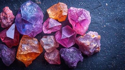  a group of different colored rocks sitting on top of a black stone covered in flecks of purple, orange, and pink glitter flecked rock glitter.