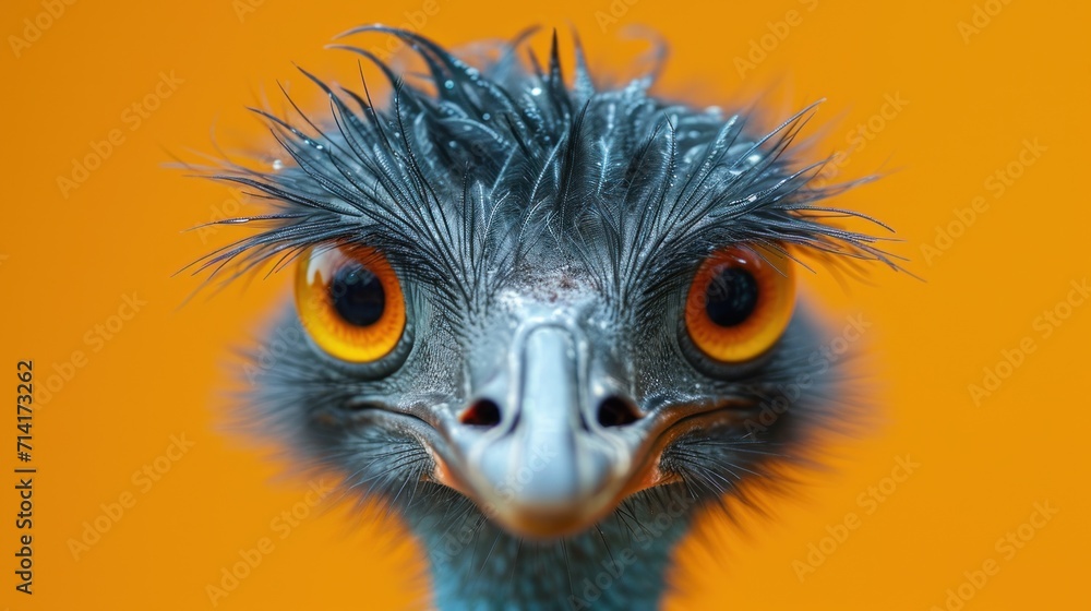 Poster  a close - up of an ostrich's head with orange eyes and a black headband, with a yellow back ground behind it, and an orange background.