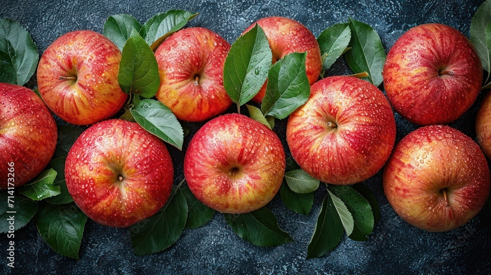 Poster a group of apples sitting on top of a table next to leaves and leaves on the top of the apples and l