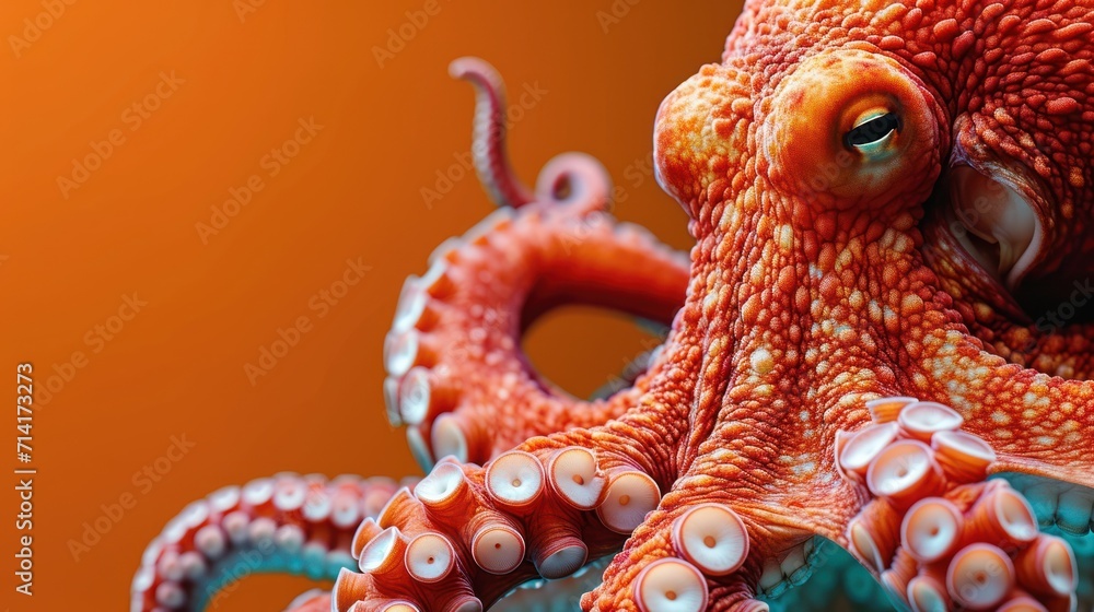 Poster a close up of an octopus's head with an orange background and a blurry image of an octopus's face in