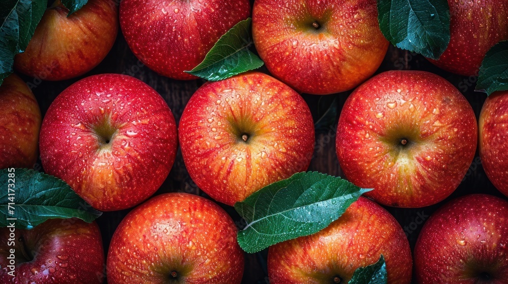Poster a close up of many red apples with leaves on the top one of the apples has a green leaf on the end o
