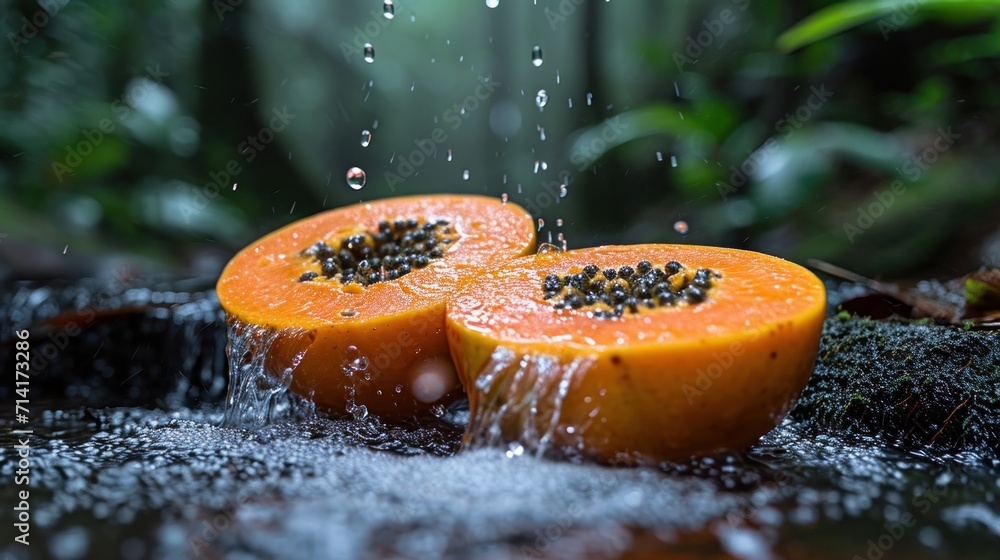 Poster a couple of oranges sitting on top of a puddle of water on top of a leafy green field with trees in 