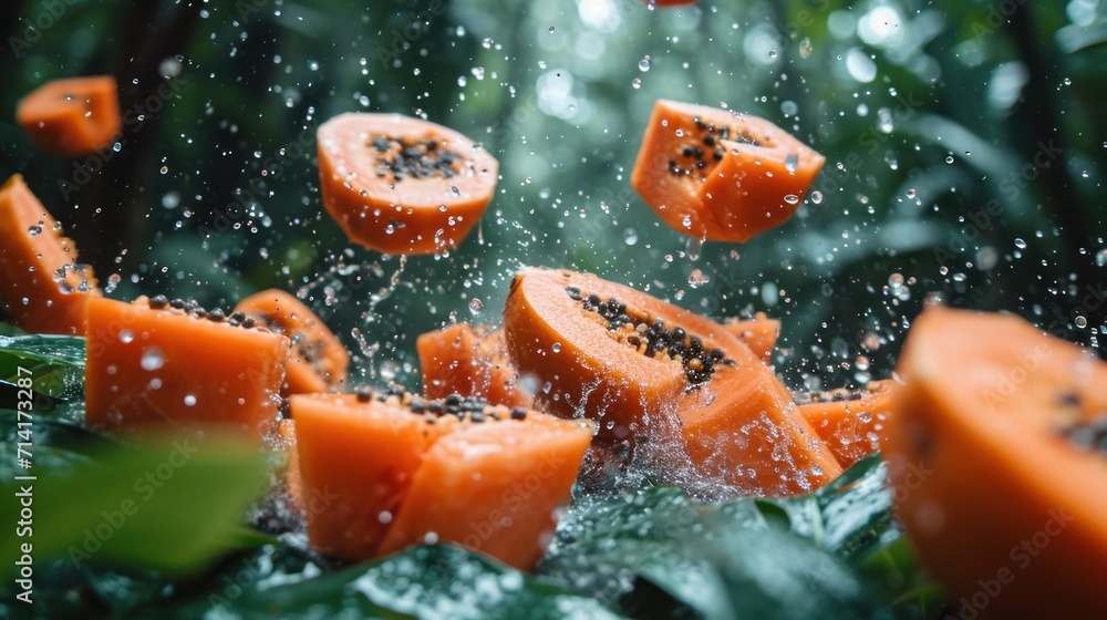 Poster a close up of a bunch of oranges in the air with water droplets on them and on top of a green leafy 