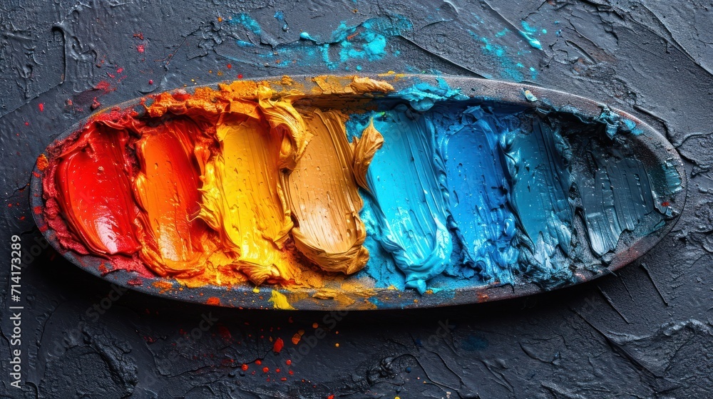 Poster a close up of a paint pan with different colors of paint on it and a spatula in the middle of the pa