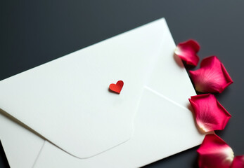 romantic love letter envelope with a cute little red heart and rose petals