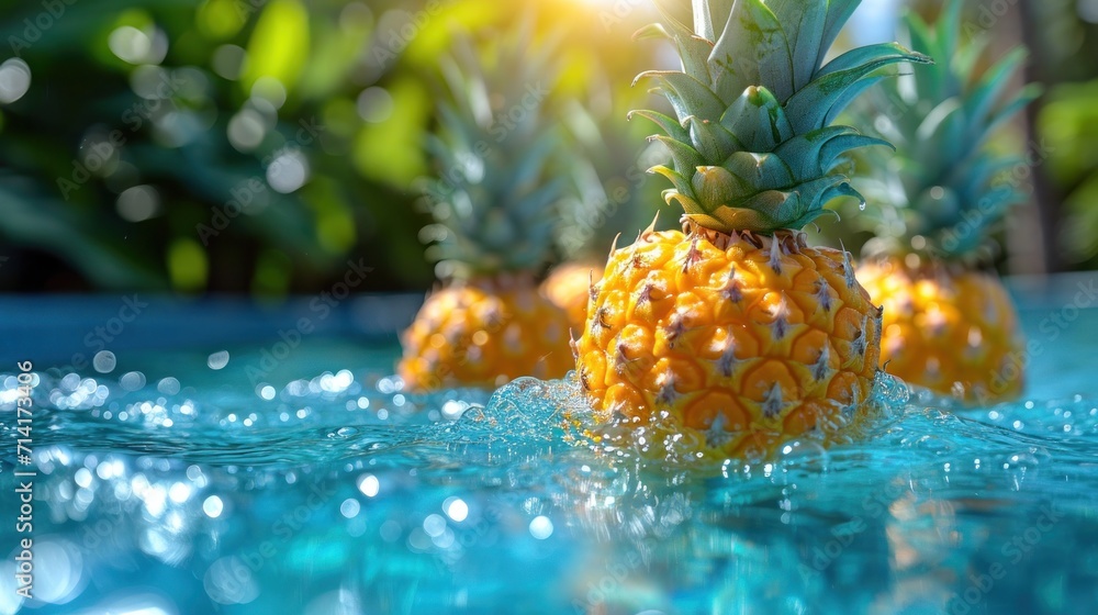 Aufkleber a group of pineapples sitting on top of a blue table next to a pool with water splashing on the surf