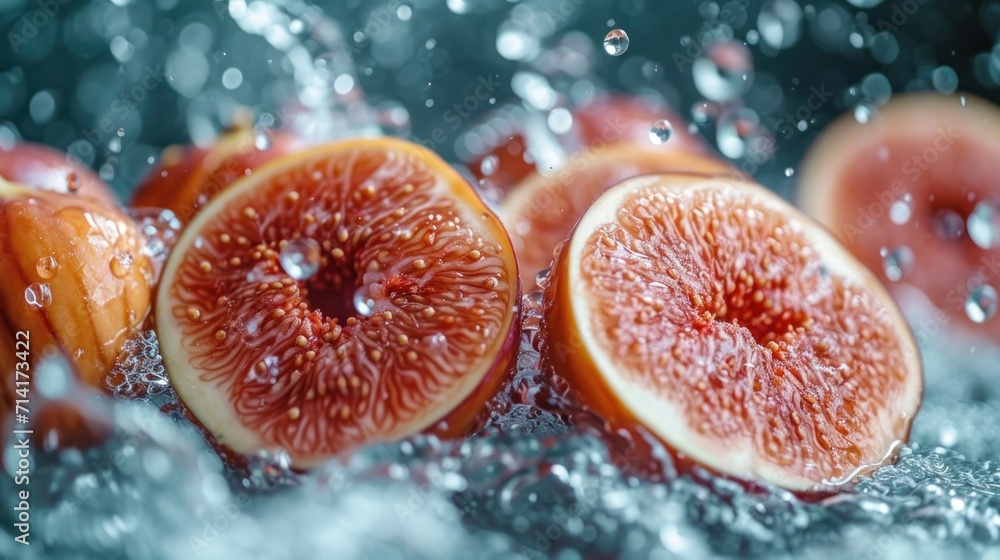 Poster a group of figs sitting on top of a table next to each other in a liquid filled bowl on top of a cou