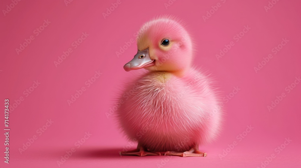 Poster a close up of a pink duck on a pink background with a blurry image of a baby duck in the center of t