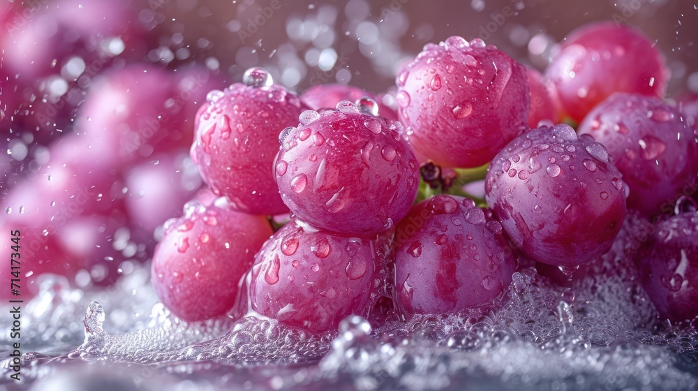 Poster a bunch of grapes sitting on top of a table with water droplets on the top of the grapes and on the 