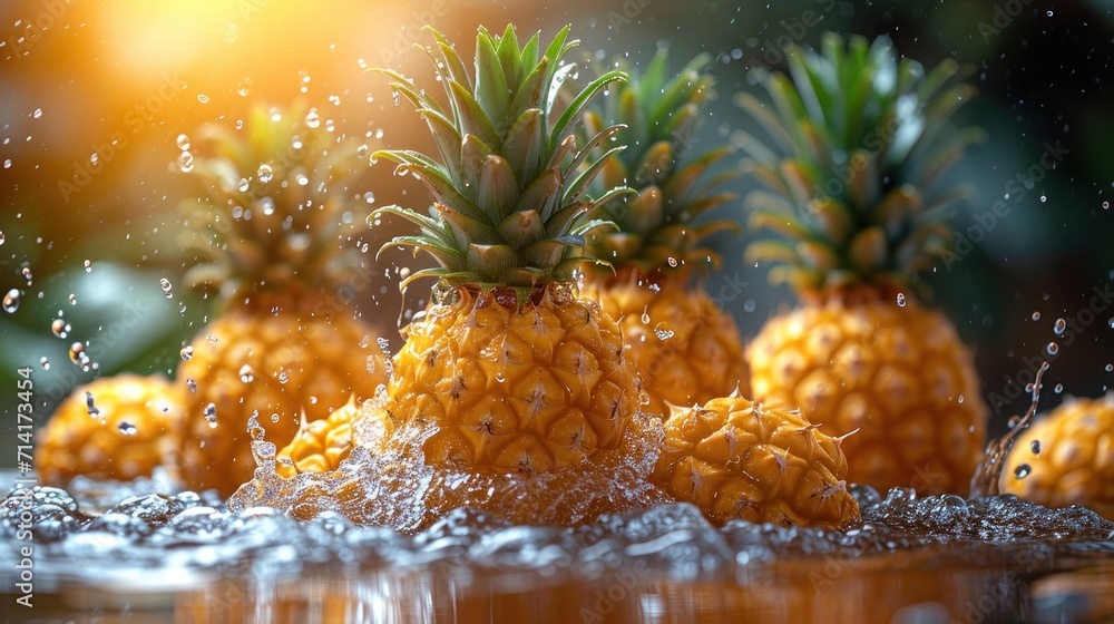 Poster a group of pineapples sitting on top of a table with water splashing off of the top of the pineapple