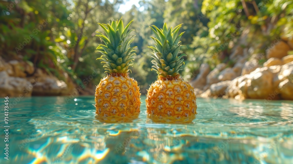 Poster two pineapples sitting on top of each other in the middle of a pool of water with rocks and trees in