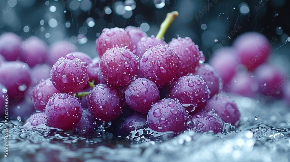 Poster a bunch of grapes sitting on top of a table with water droplets on the top of the grapes and on the 