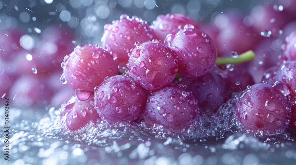 Poster a bunch of grapes sitting on top of a table with water droplets on the top of the grapes and on the 