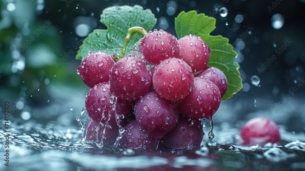 Poster a bunch of grapes sitting on top of a table in the rain with leaves on the top of the table and wate
