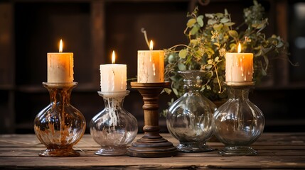 Obraz na płótnie Canvas Vintage-inspired glass candle holders on a distressed wooden surface, blending nostalgia with contemporary decor.