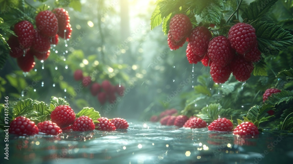 Aufkleber a bunch of raspberries hanging from the branches of a tree in a forest with a stream of water runnin