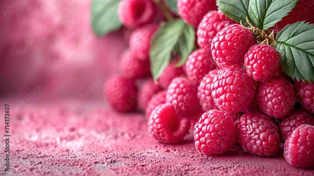 Poster a close up of a bunch of raspberries with leaves on the top of the raspberries and the bottom of the