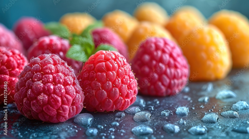 Aufkleber a group of raspberries sitting on top of a table next to oranges and raspberries with drops of water
