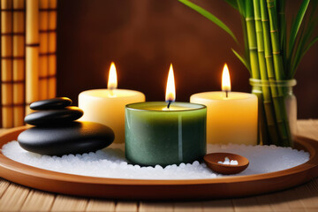 Beauty spa therapy and relax background. Stacked black round hot pebble stones, burning candles with warm light, sea salt and bamboo plant.