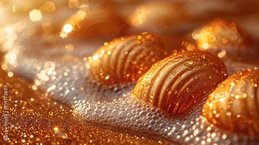 Aufkleber a close up view of some gold colored cookies on a table with water droplets on the surface and on th