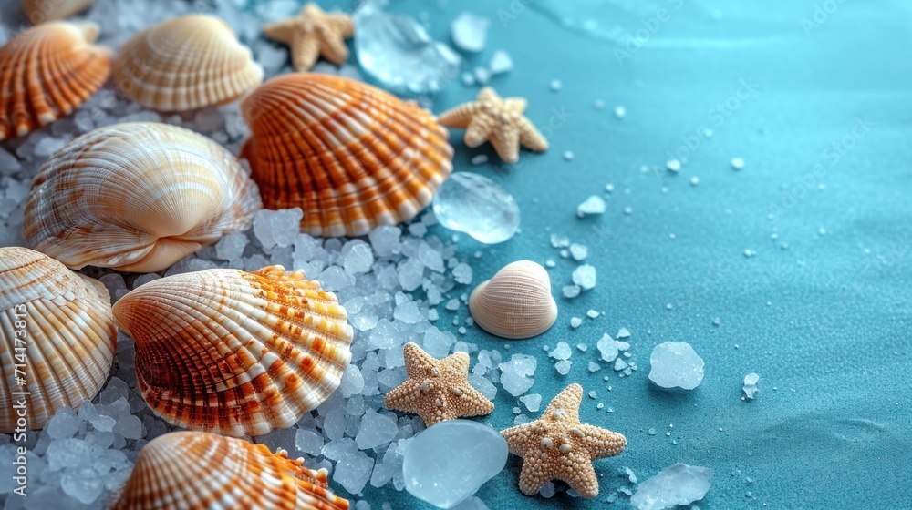 Poster a group of seashells and starfish on a blue background with ice flakes and water droplets on the bot