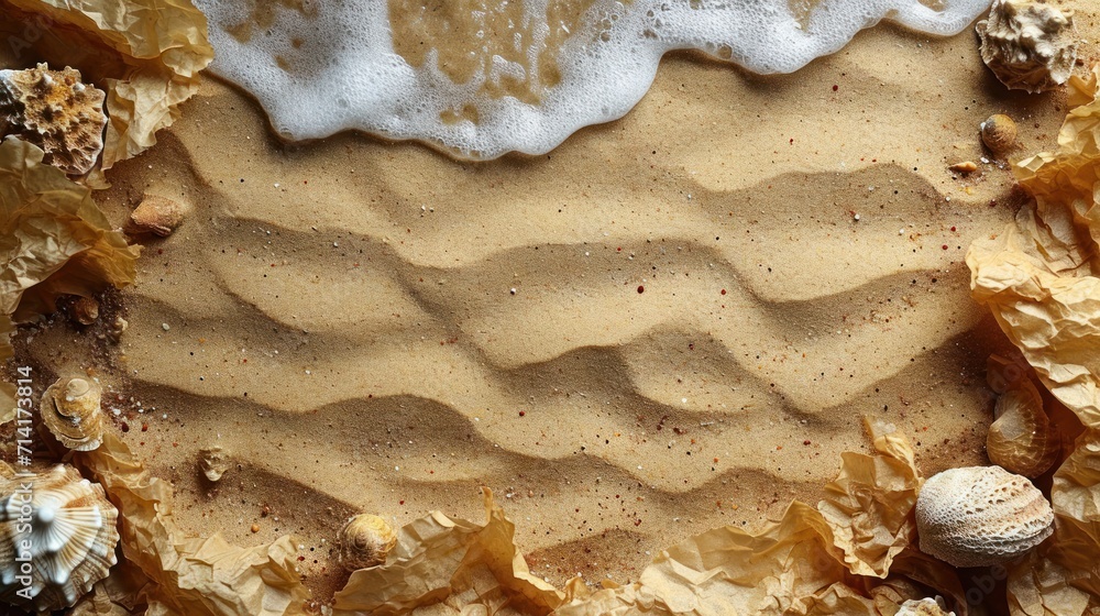 Poster a close up of a sand and shells on a beach with a wave coming in from the top of the sand and the bo
