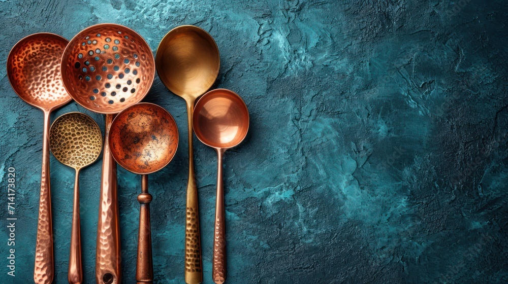 Poster a group of spoons sitting next to each other on top of a blue and green wall with a leopard print on