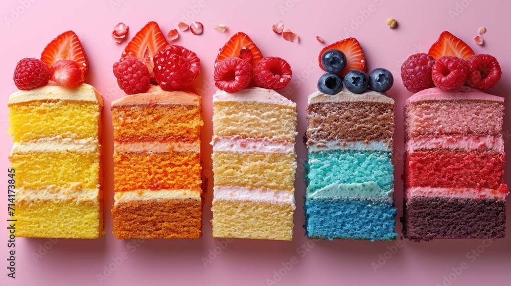 Poster a row of slices of cake with strawberries and blueberries on top of one slice of cake and another sl