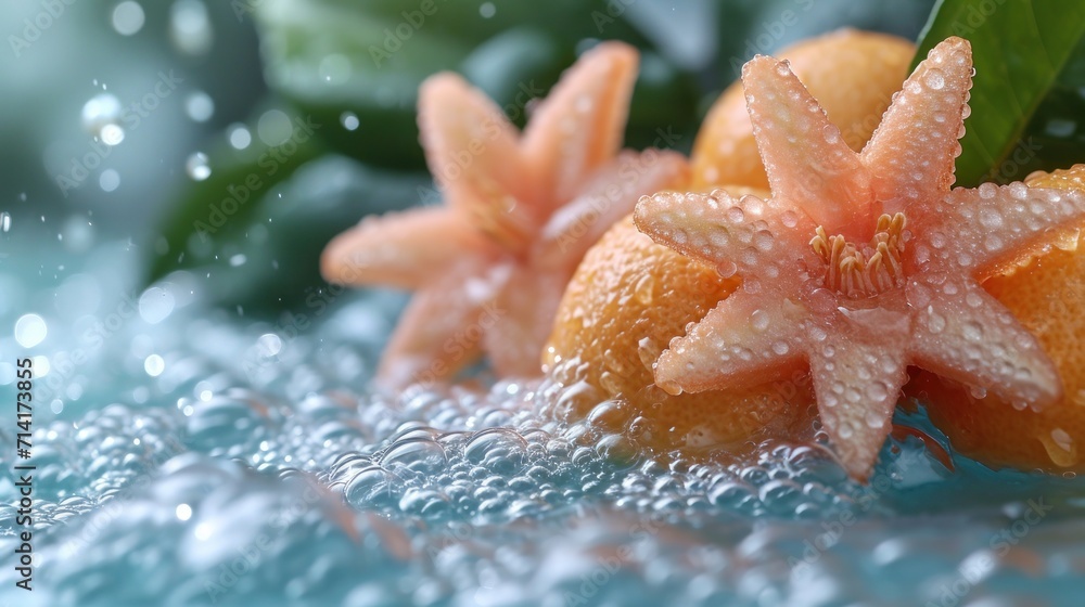 Poster a close up of an orange with water droplets on it and a green leaf in the background with water drop